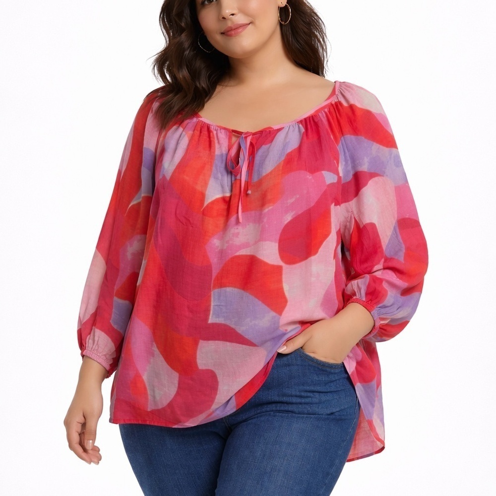 Olivia & Martin Sheer Abstract Tie Front Boho Blouse Size  1X Pink Red Purple